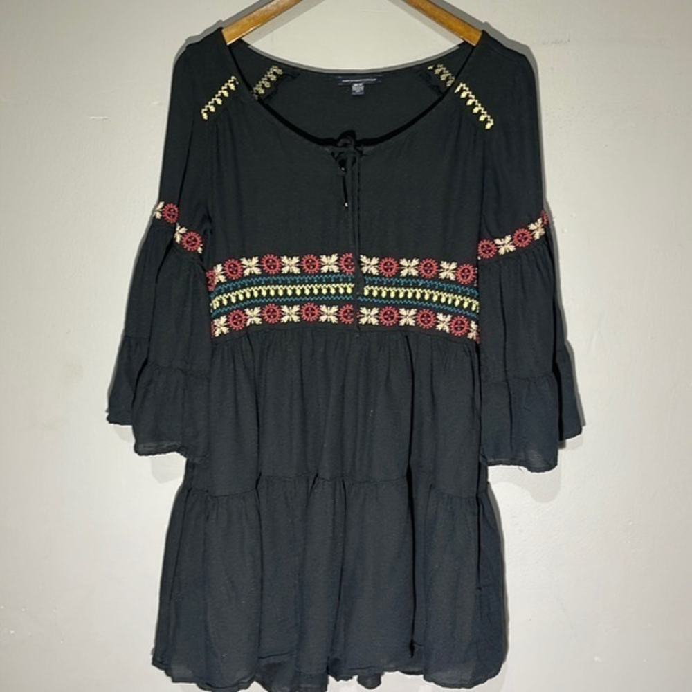 American Eagle Outfitters Black Embroidered Tiered Bell Sleeve Dress XS TP